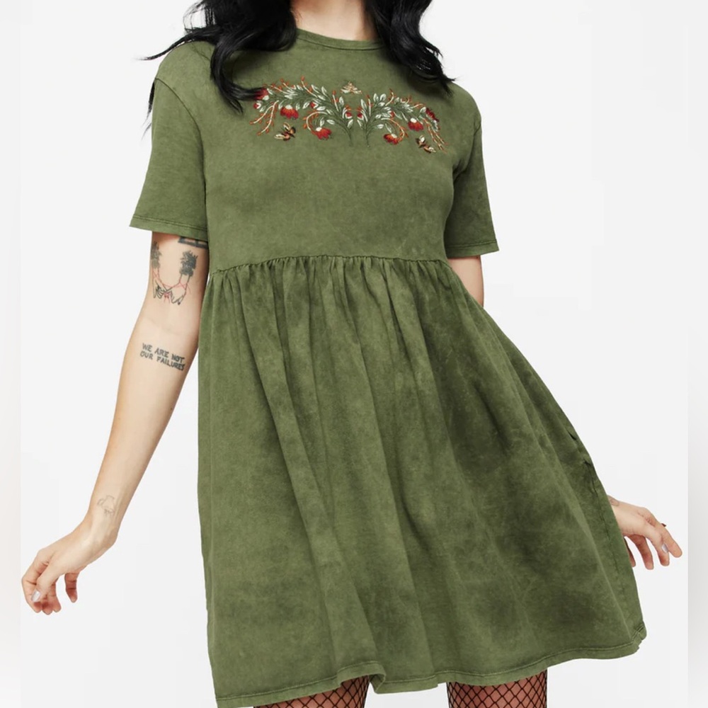 Disturbia Olive Green Embroidered Babydoll Dress